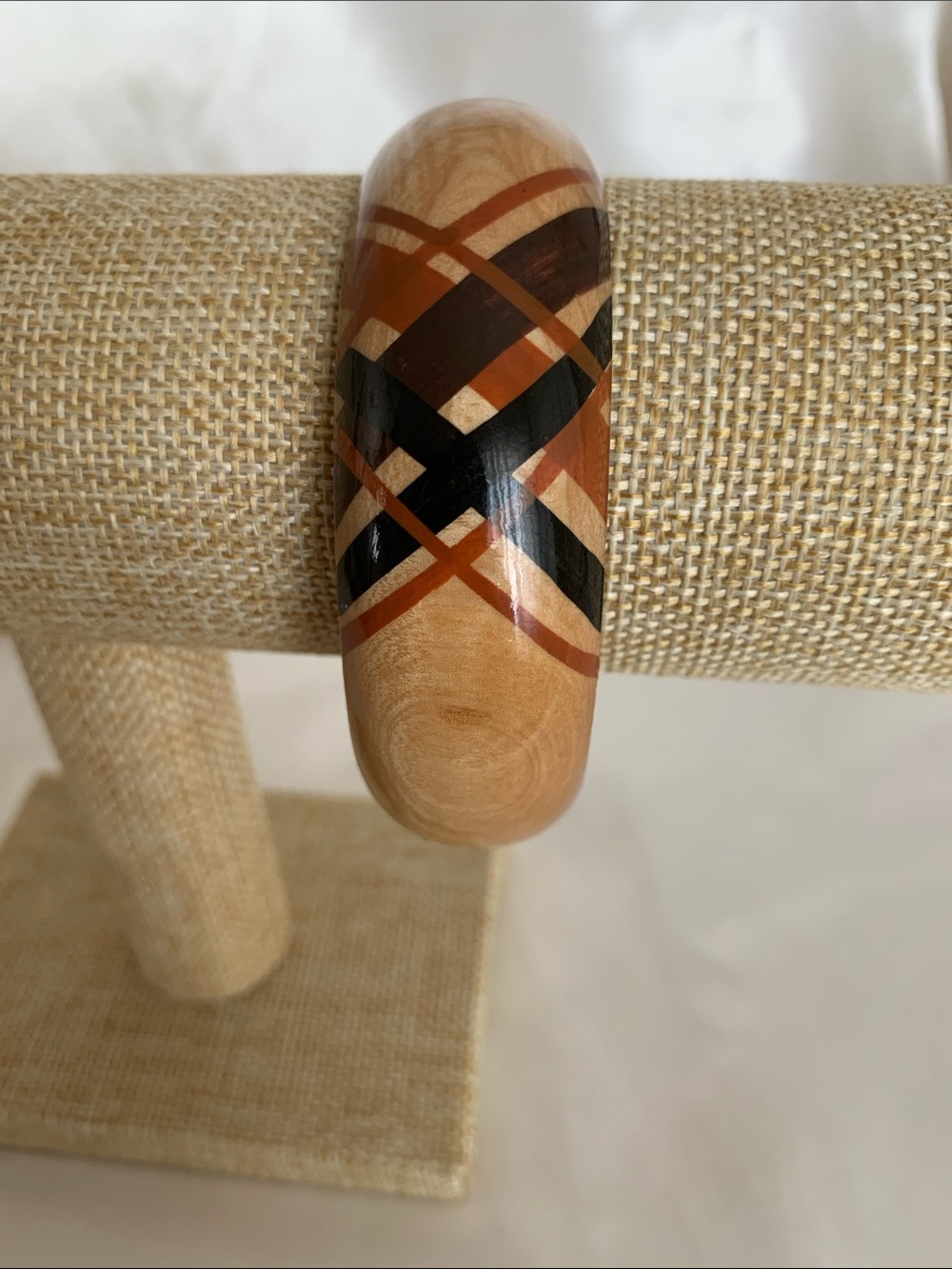 Vintage Wooden Inlay Bangle Bracelet in Black and Brown